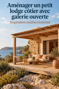 Un lodge côtier accueillant avec une galerie ouverte, décoré avec des éléments naturels.