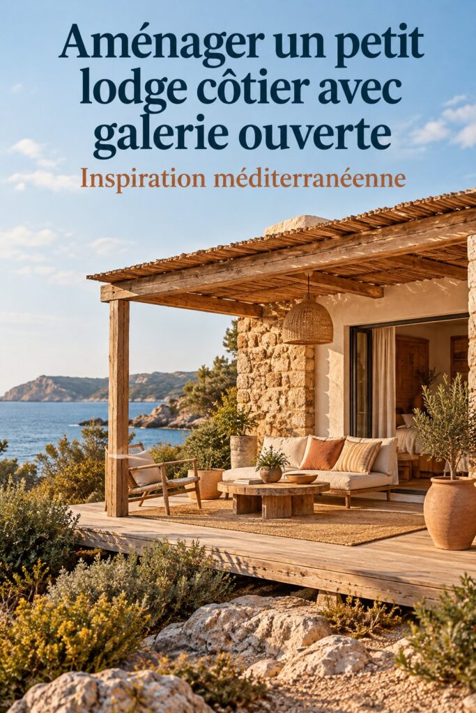 Un lodge côtier accueillant avec une galerie ouverte, décoré avec des éléments naturels.