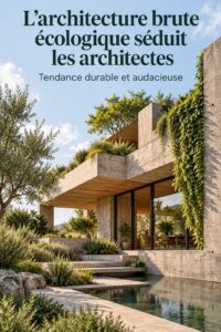 Intérieur au style brutalisme écolo avec des matériaux bruts comme le béton et le bois.