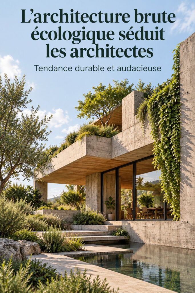 Intérieur au style brutalisme écolo avec des matériaux bruts comme le béton et le bois.