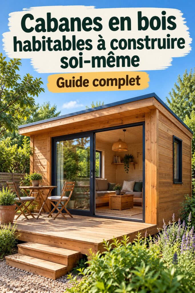 Cabane en bois confortable dans un jardin verdoyant.