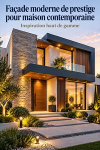 Une maison moderne avec un design extérieur en bois et verre, intégrée dans un paysage verdoyant.