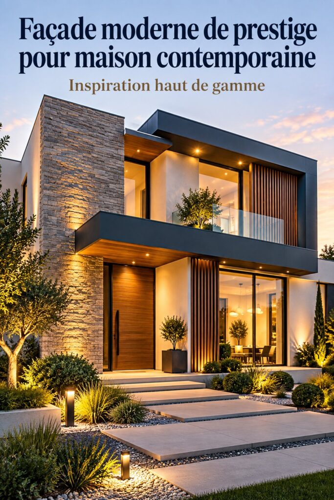 Une maison moderne avec un design extérieur en bois et verre, intégrée dans un paysage verdoyant.