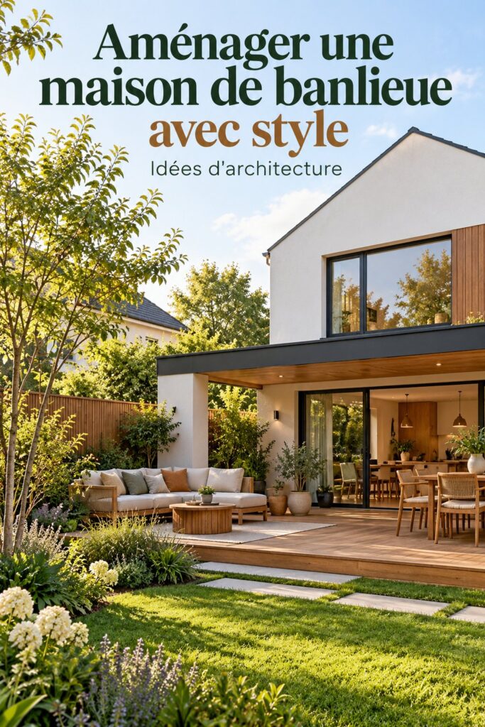 Intérieur accueillant dans un style de design suburbain, avec des couleurs chaudes et une ambiance conviviale.