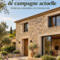 Façade en pierre de maison de campagne moderne avec jardin fleurie