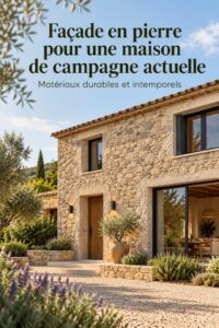 Façade en pierre de maison de campagne moderne avec jardin fleurie