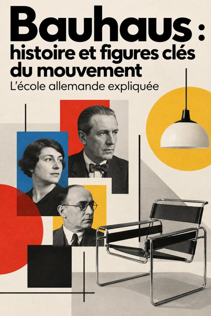 Un intérieur inspiré par le mouvement Bauhaus avec des formes épurées et des couleurs vives.