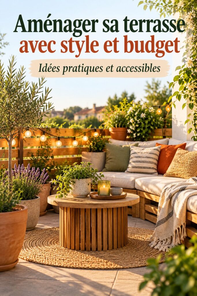 Terrasse joliment aménagée avec des plantes et des meubles confortables.
