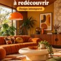 Un salon au style rétro avec des couleurs vives et des meubles typiques des années 70.