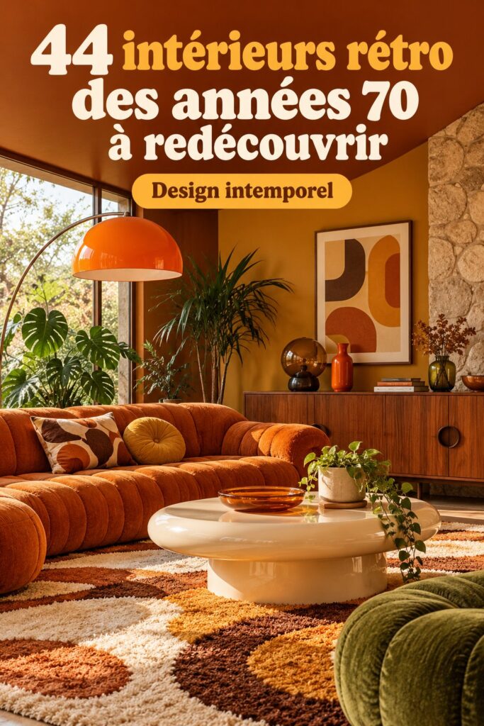 Un salon au style rétro avec des couleurs vives et des meubles typiques des années 70.