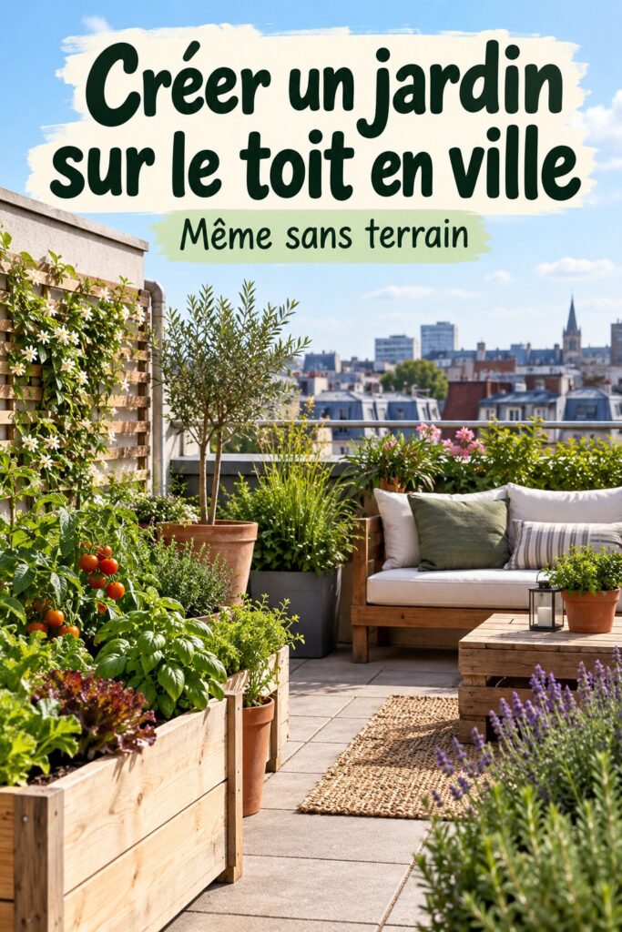 Jardin sur un toit à Boston avec diverses plantes et un espace détente