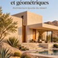 Vue d'une maison moderne désertique avec des lignes géométriques épurées, entourée de paysage désertique.