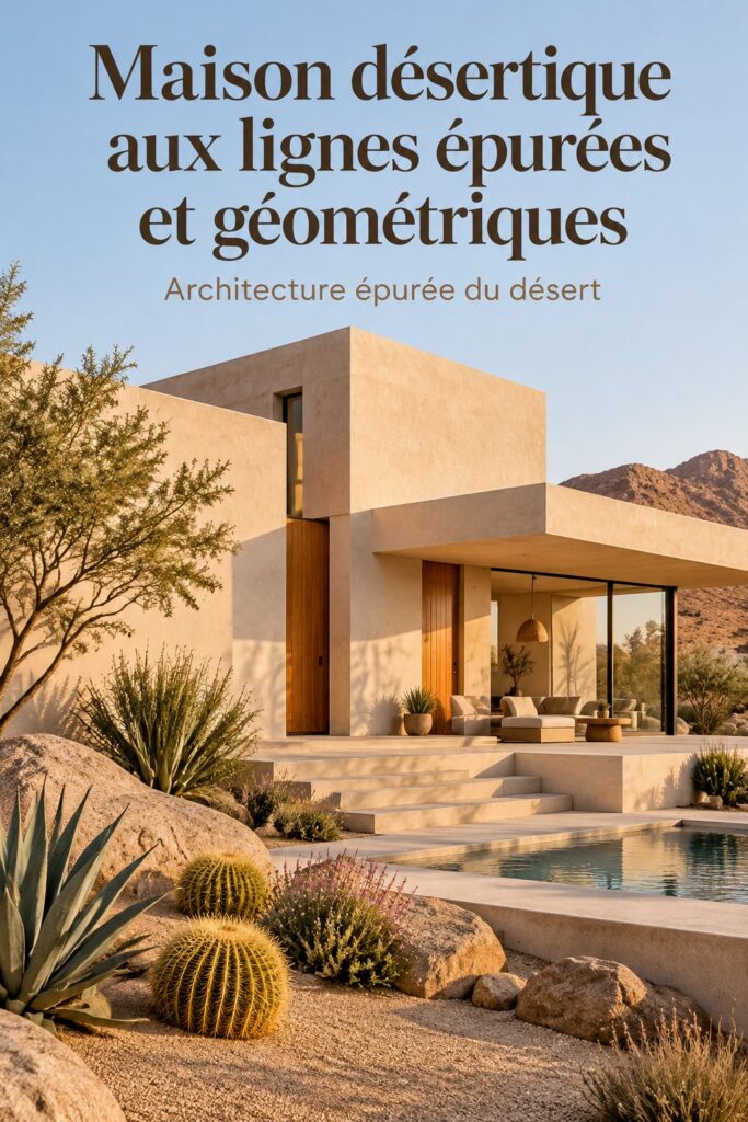 Vue d'une maison moderne désertique avec des lignes géométriques épurées, entourée de paysage désertique.