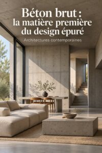 Intérieur moderne avec des murs en béton brut, une ambiance épurée et chaleureuse.