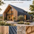 Maison grange moderne avec une façade en bois et un toit légèrement incliné.