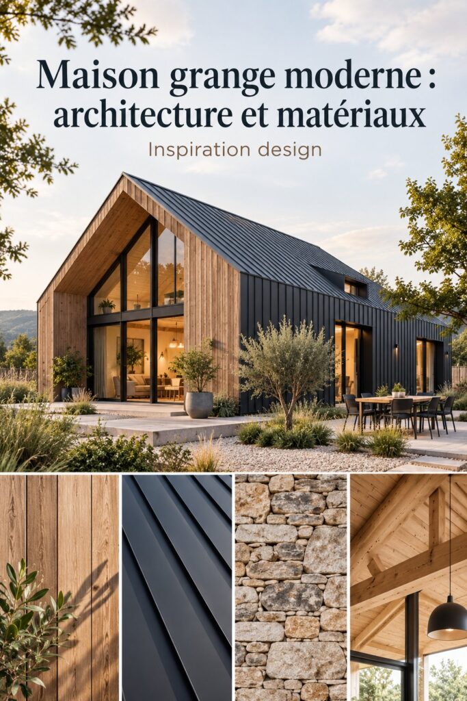Maison grange moderne avec une façade en bois et un toit légèrement incliné.