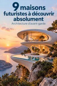Une maison futuriste au design épuré avec de grandes fenêtres et des lignes modernes.