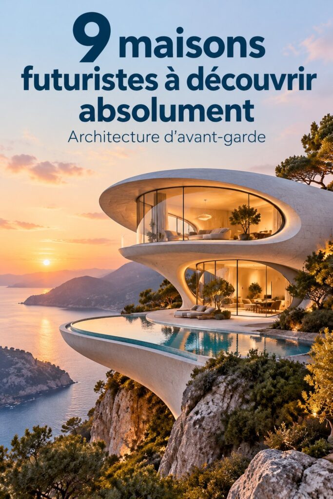 Une maison futuriste au design épuré avec de grandes fenêtres et des lignes modernes.