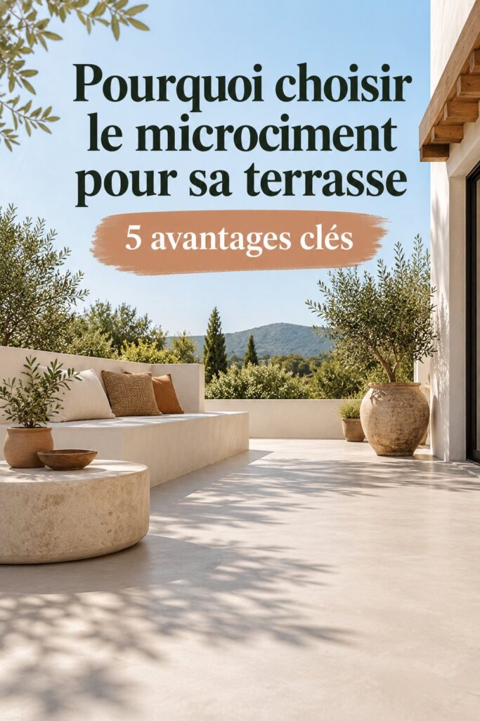 Terrasse moderne en microciment, élégante et épurée, avec des chaises confortables et des plantes verdoyantes