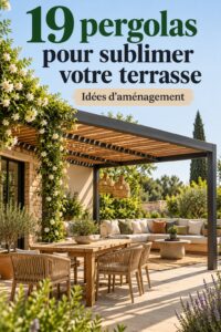 Une belle pergola en bois abritant une terrasse agrémentée de plantes et de mobilier de jardin