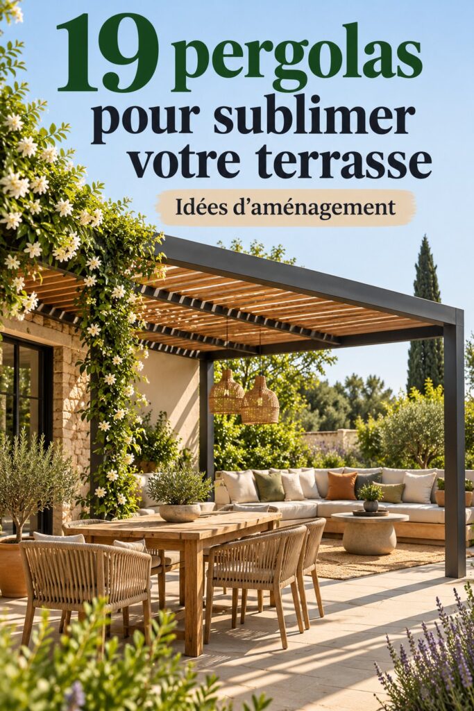 Une belle pergola en bois abritant une terrasse agrémentée de plantes et de mobilier de jardin