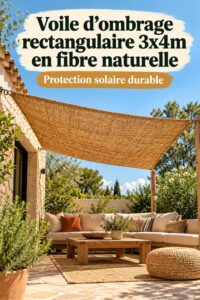Voile d'ombrage rectangulaire en fibre de coco installé dans un jardin, créant une zone d'ombre accueillante.