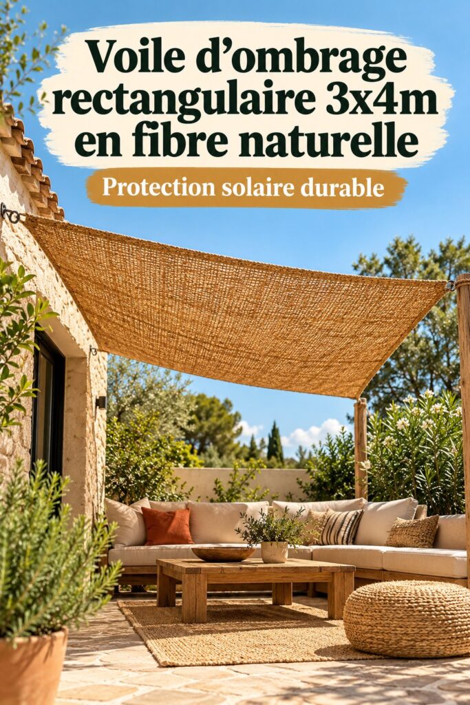 Voile d'ombrage rectangulaire en fibre de coco installé dans un jardin, créant une zone d'ombre accueillante.